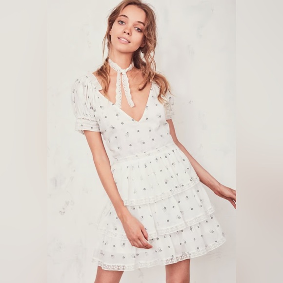 LOVESHACKFANCY Azura White Dress Puff Sleeve Bow Print Floral 6 EUC Cotton Rare - Picture 1 of 8